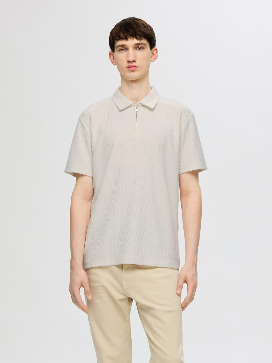 Beige Zip-Up Plisse Polo
