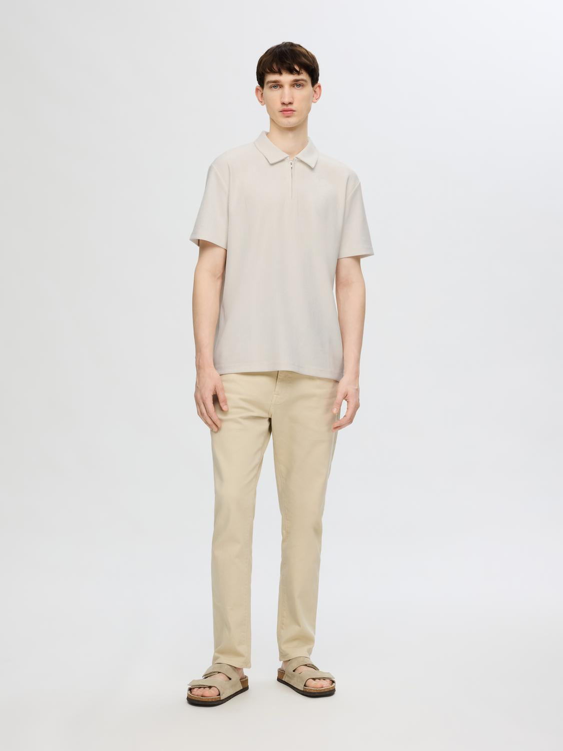 Beige Zip-Up Plisse Polo