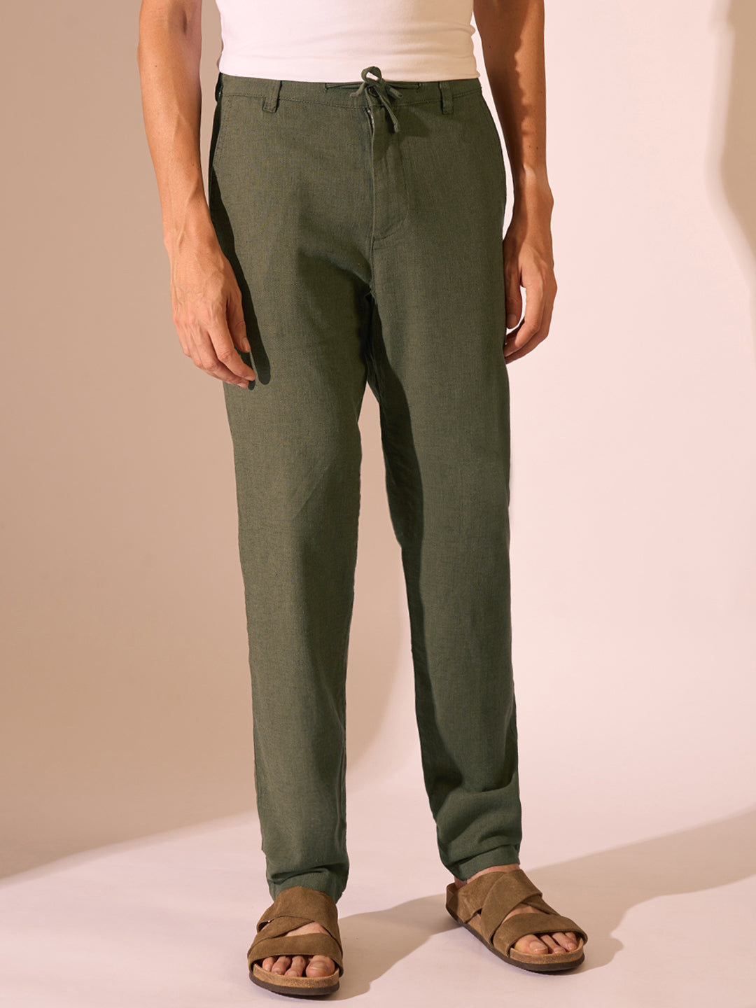 Green Slim Fit Linen Pants