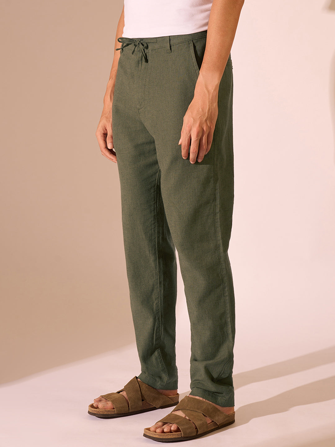 Green Slim Fit Linen Pants