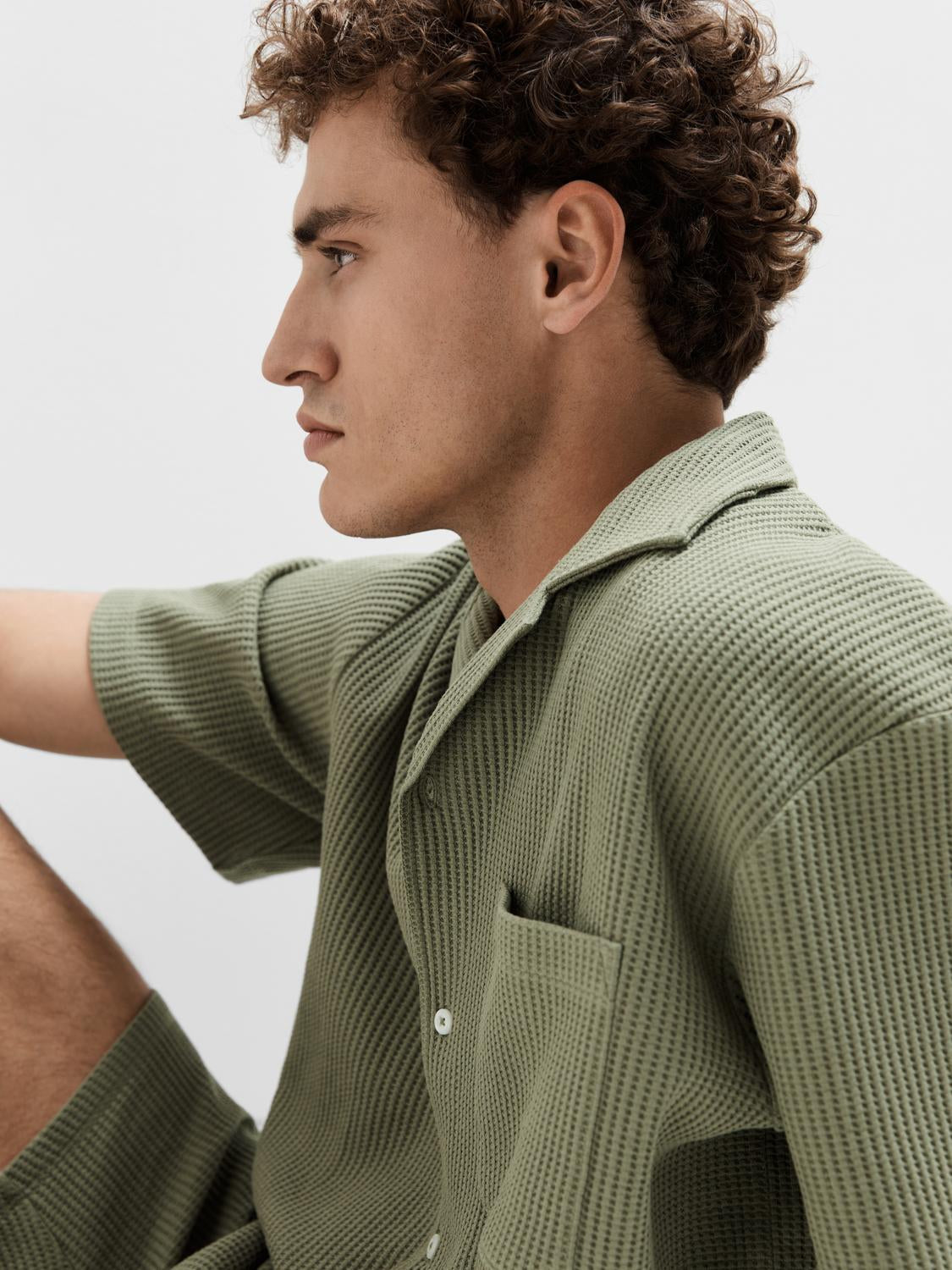 Green Waffled Short Sleeved Shirt