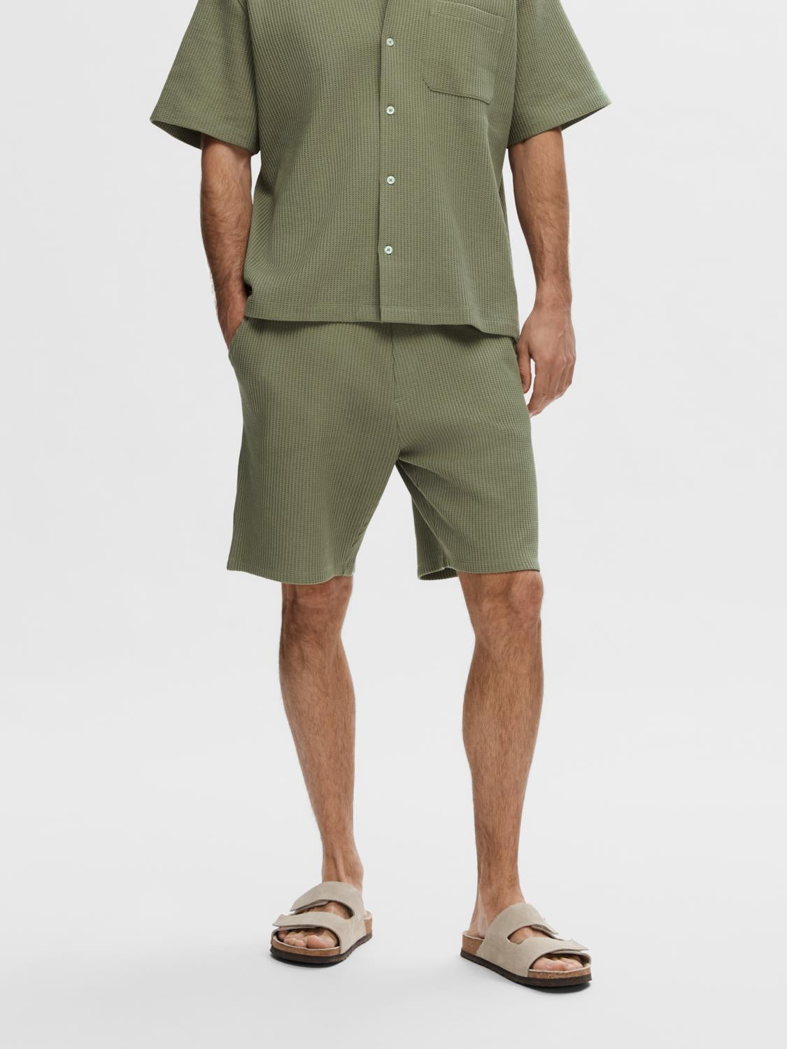 Green Waffle Textured Shorts