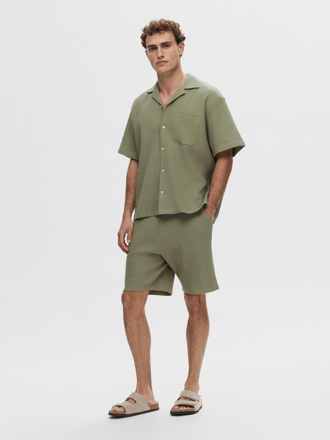 Green Waffle Textured Shorts