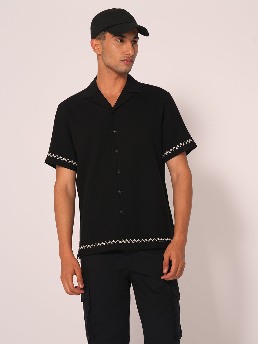 Black Cuban Collar Cotton Shirt