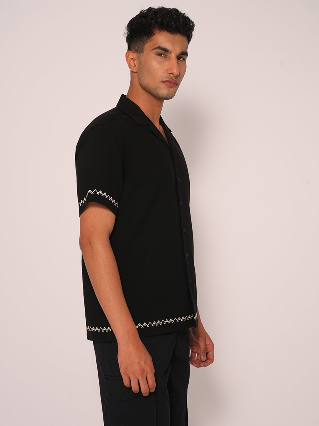 Black Cuban Collar Cotton Shirt