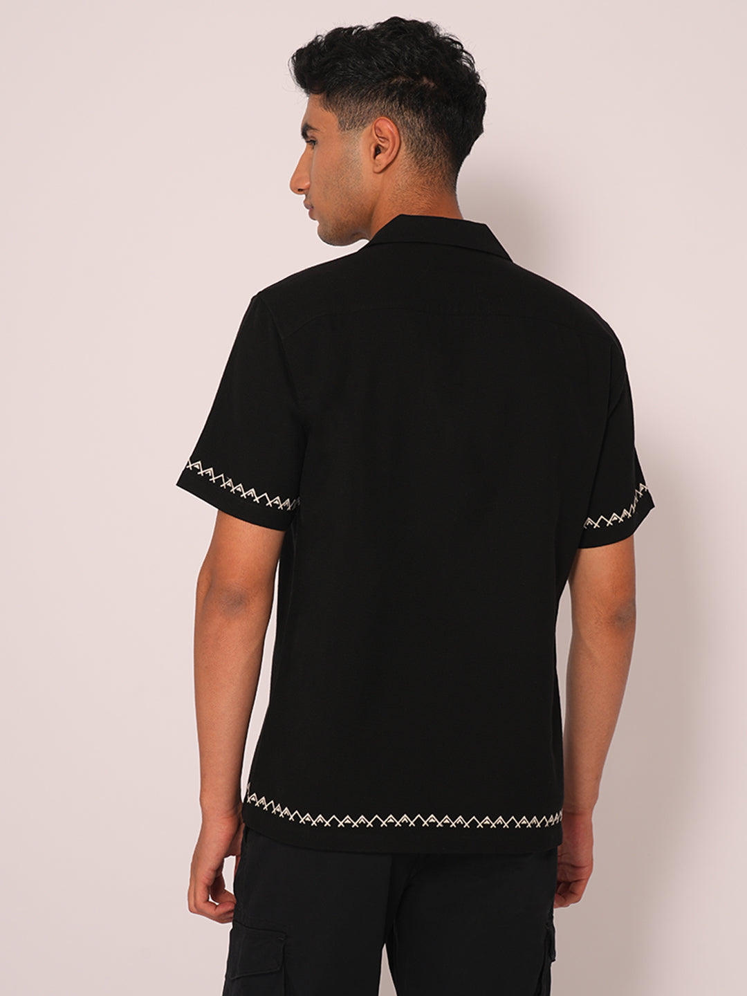 Black Cuban Collar Cotton Shirt