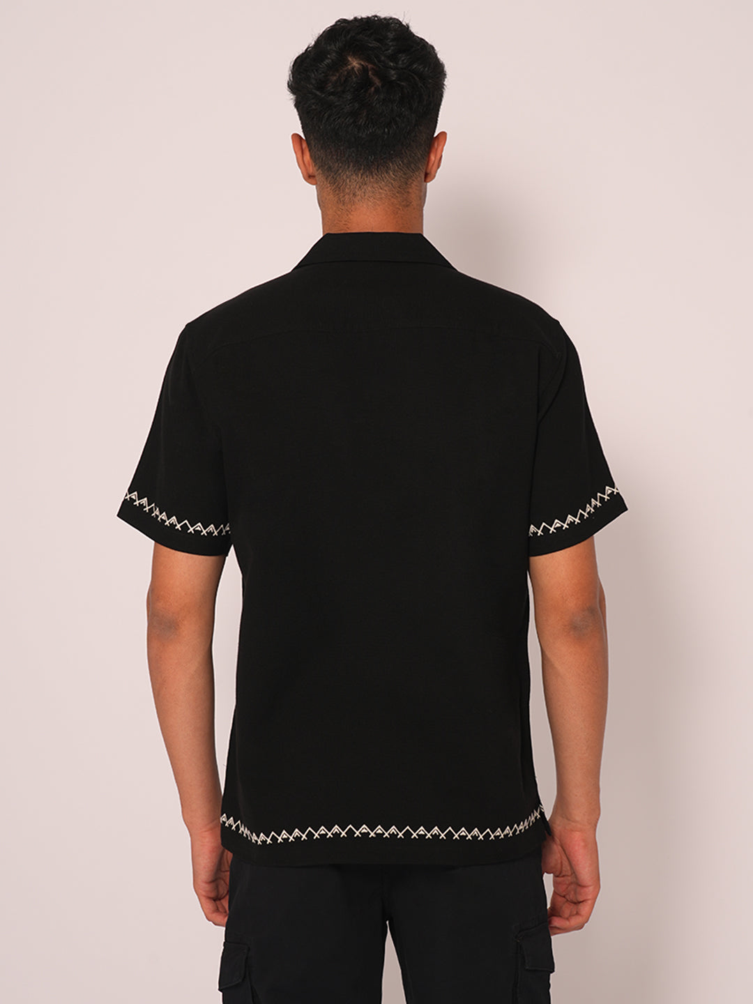 Black Cuban Collar Cotton Shirt