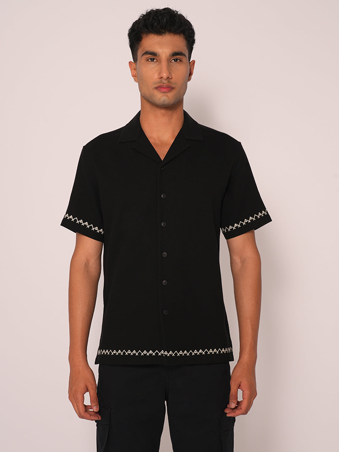 Black Cuban Collar Cotton Shirt