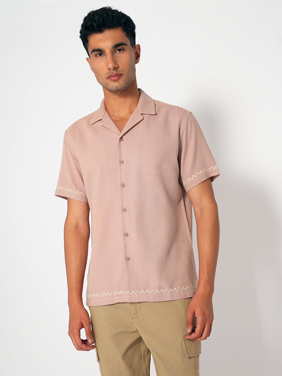 Pink Cuban Collar Cotton Shirt