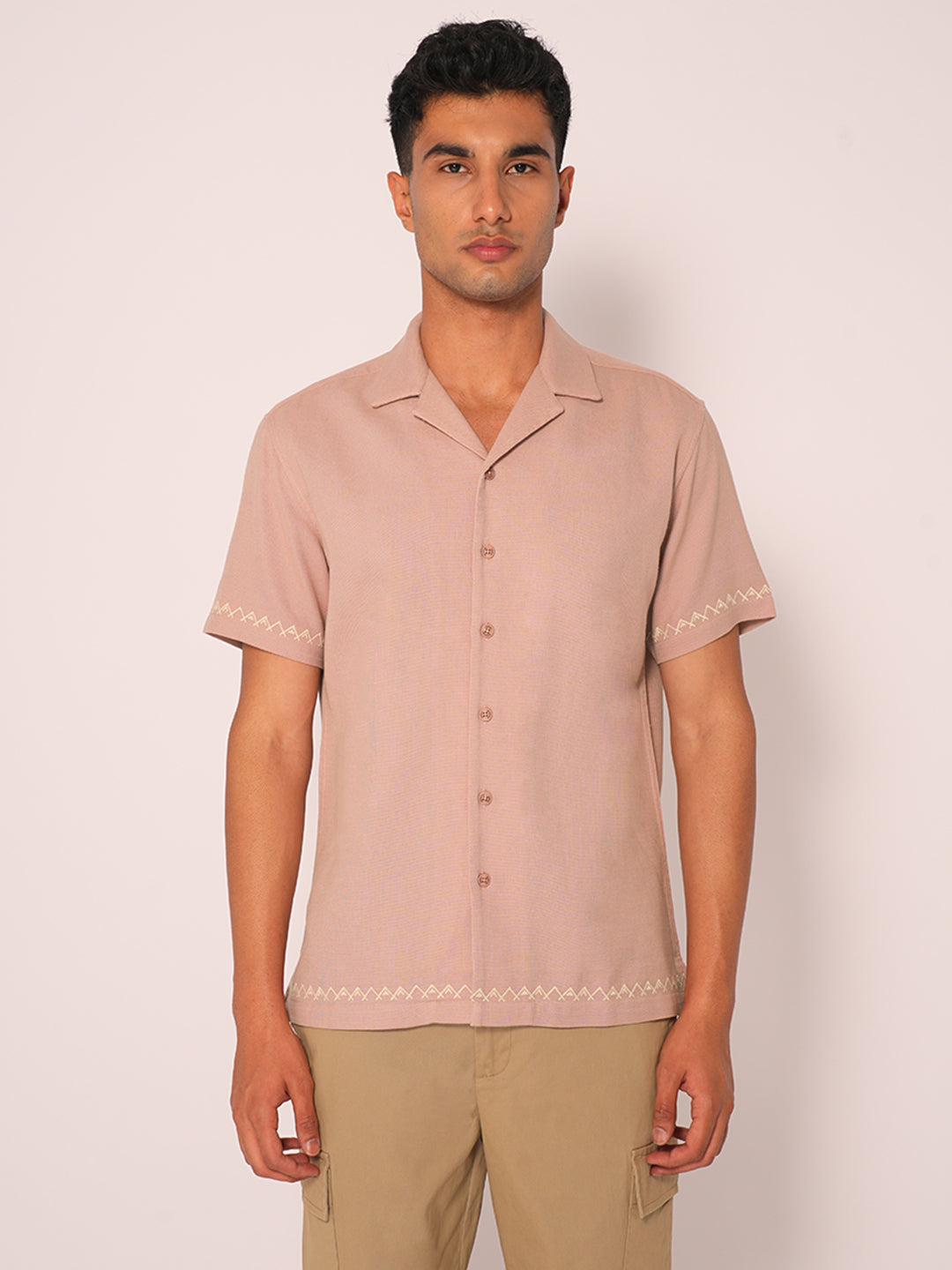 Pink Cuban Collar Cotton Shirt