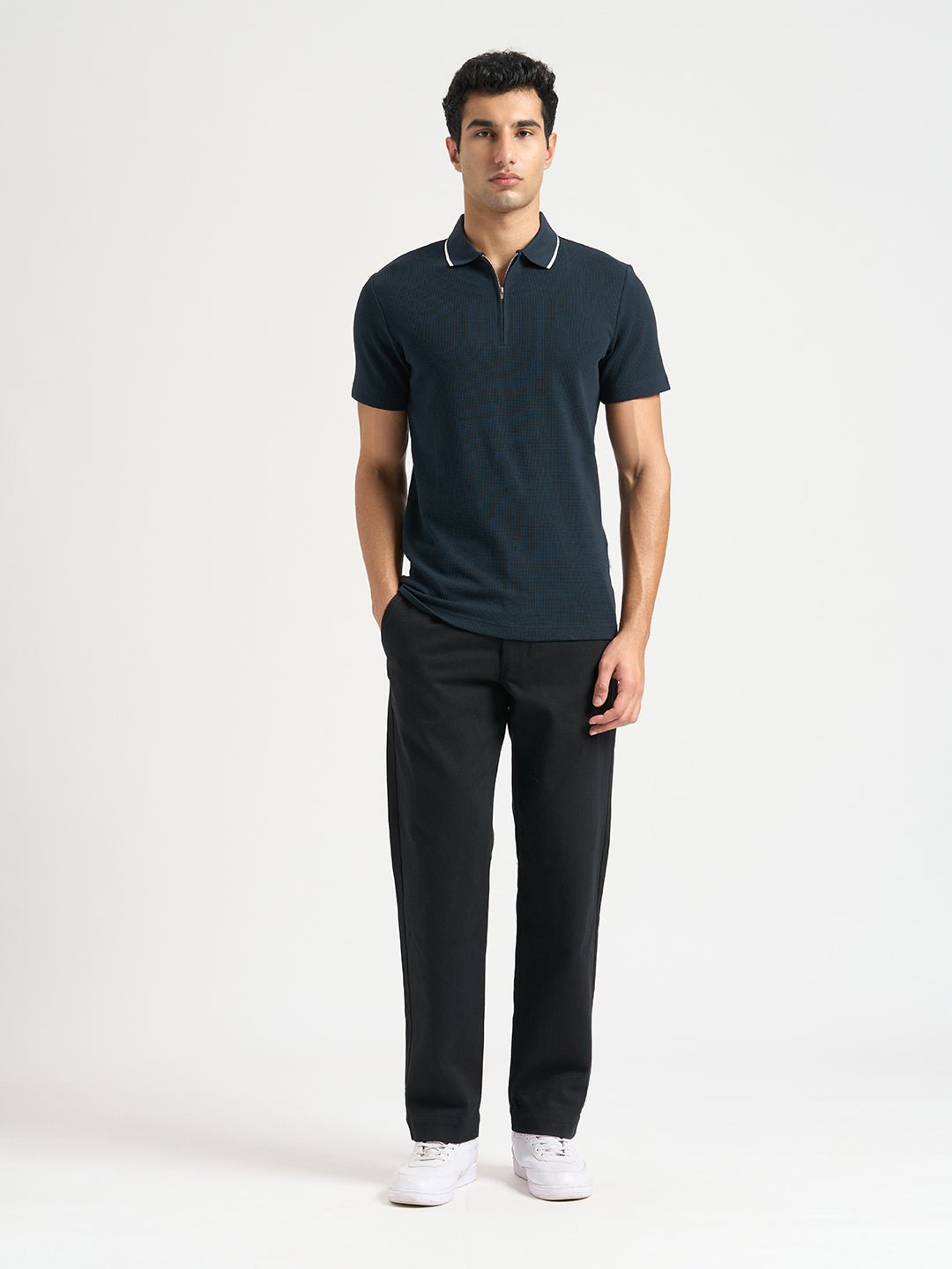 Dark Blue Waffle Structured Slim Polo