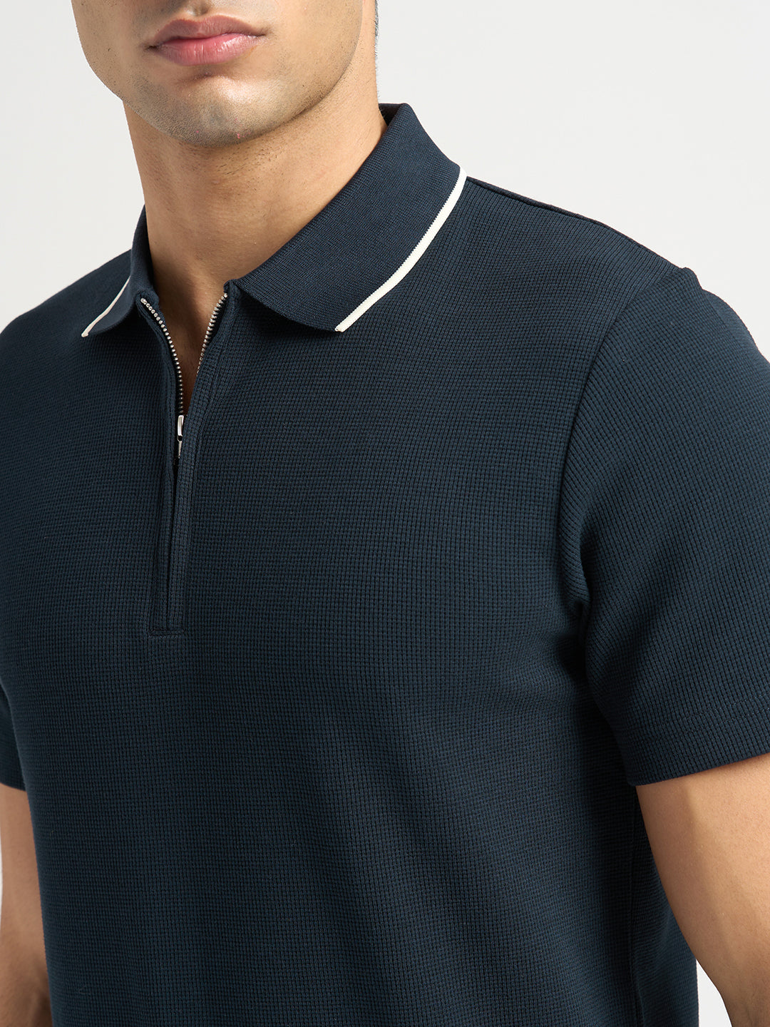 Dark Blue Waffle Structured Slim Polo