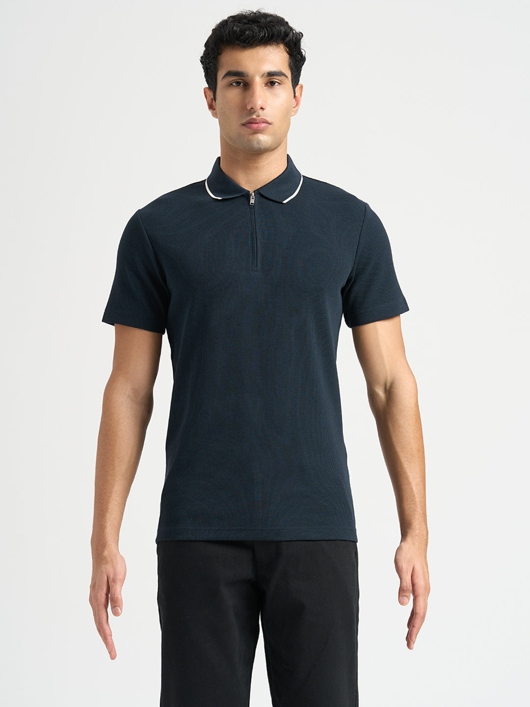 Dark Blue Waffle Structured Slim Polo