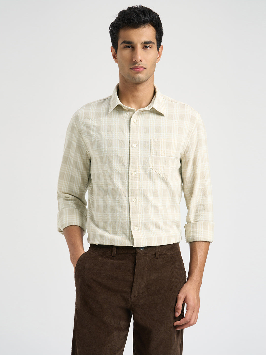Cotton Check Shirt - Beige