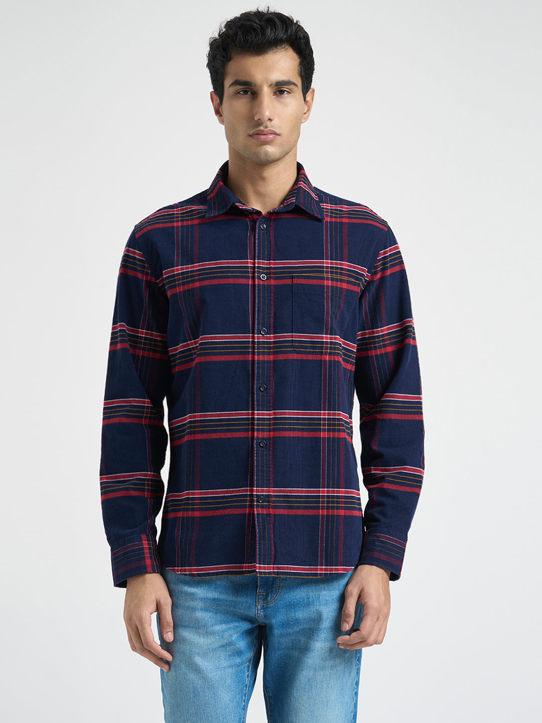 Navy Blue Cotton Check Shirt