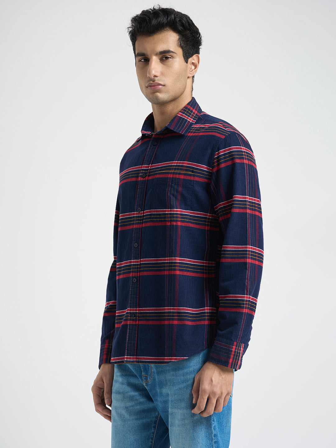 Navy Blue Cotton Check Shirt