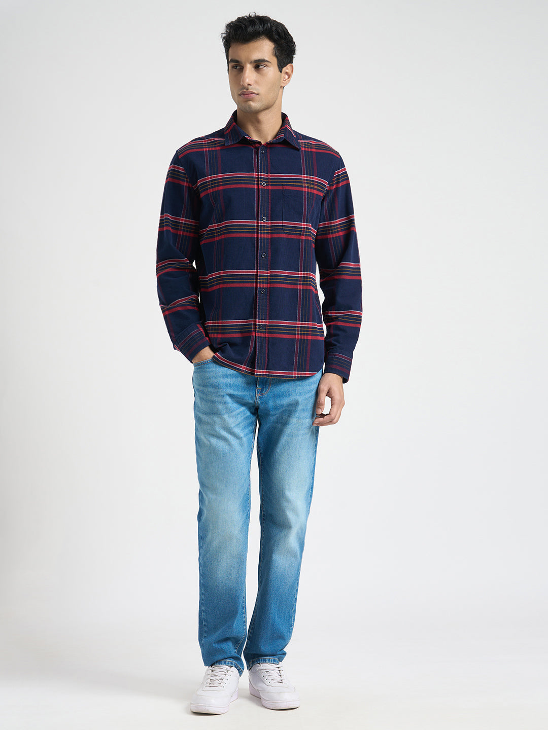 Navy Blue Cotton Check Shirt