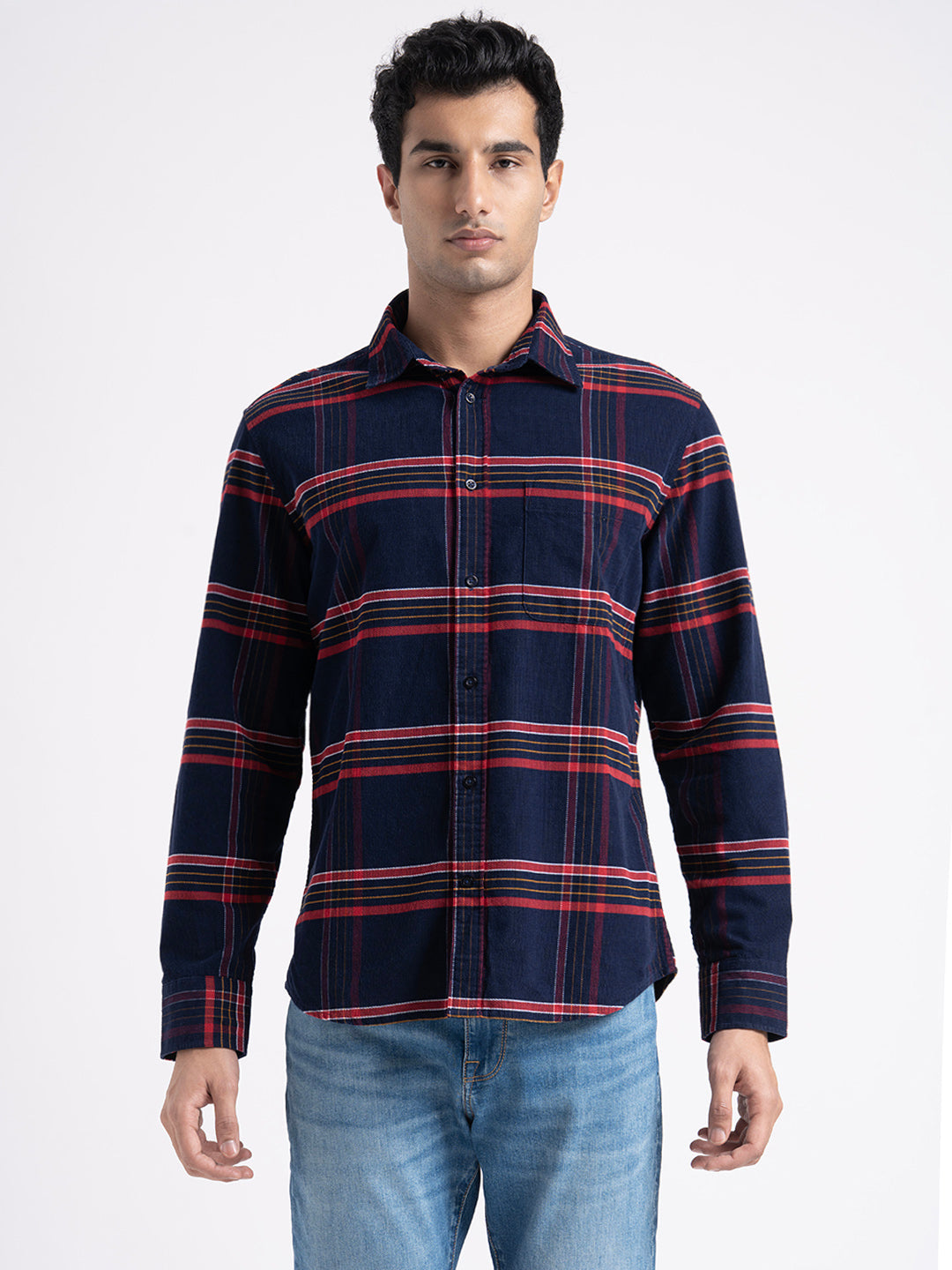 Navy Blue Cotton Check Shirt