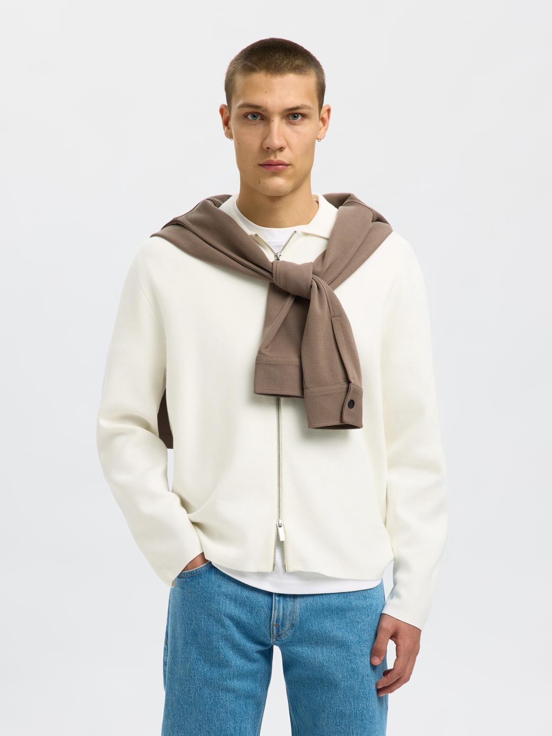 Beige Zip-Up Knitted Cardigan