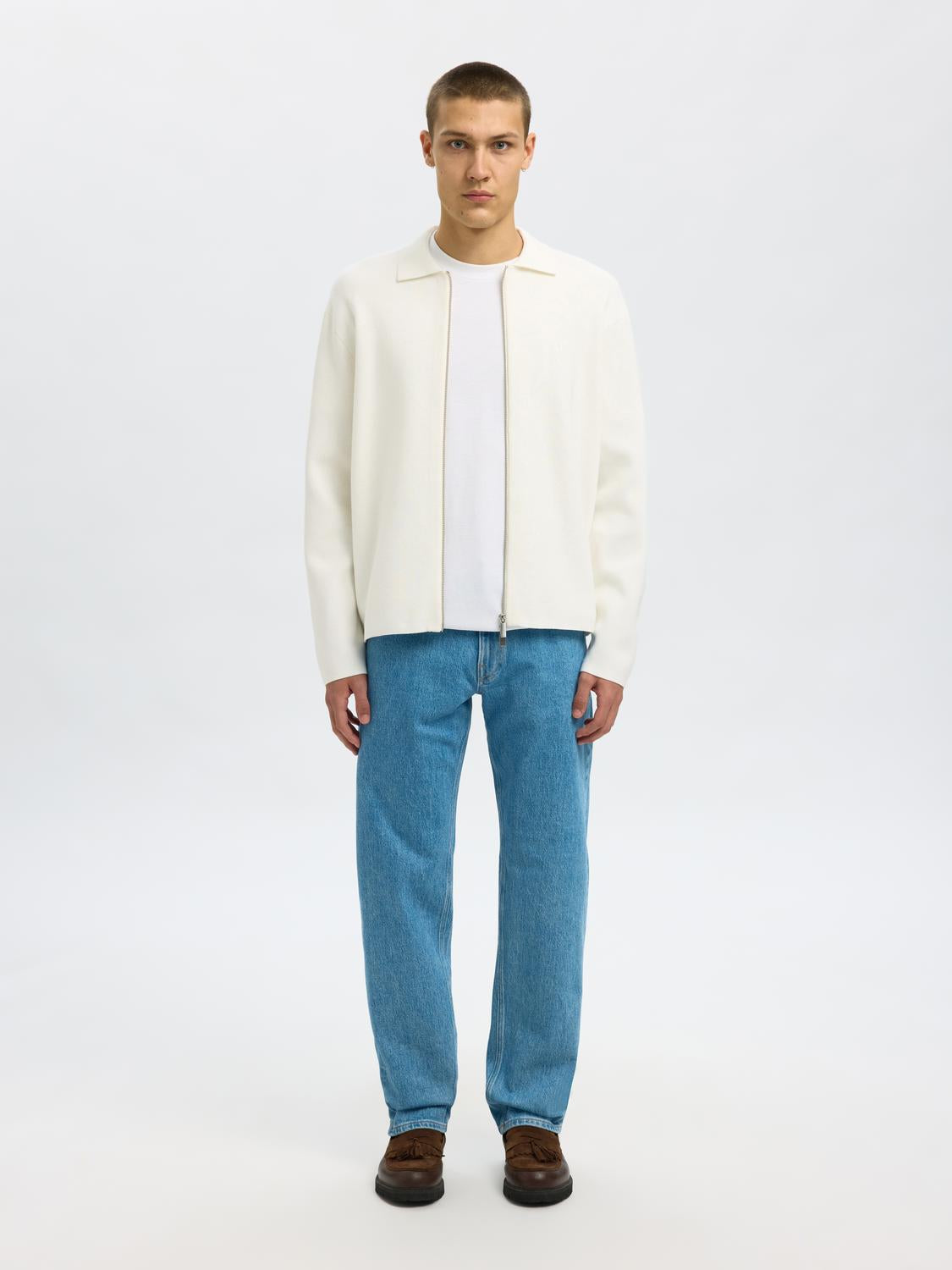 Beige Zip-Up Knitted Cardigan