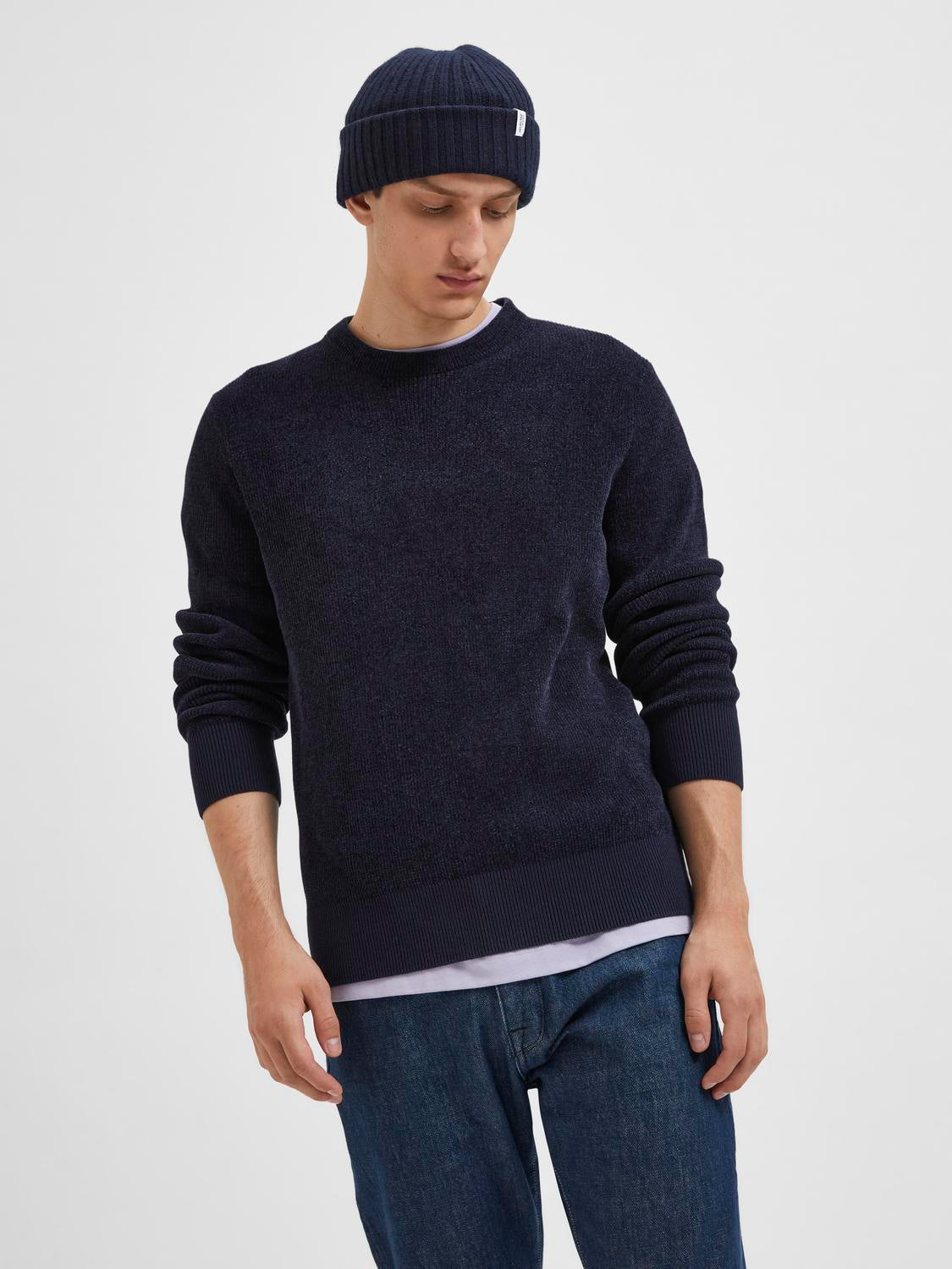 Crew Neck Knitted Pullover - Blue