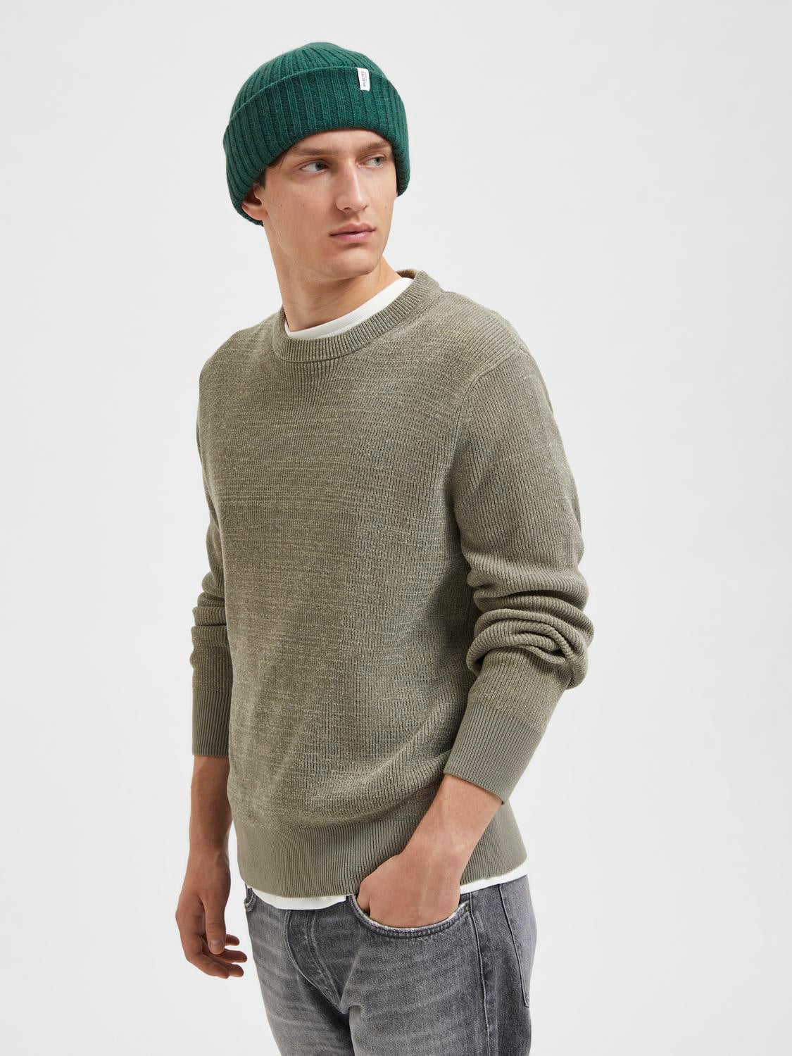 Crew Neck Knitted Pullover - Green