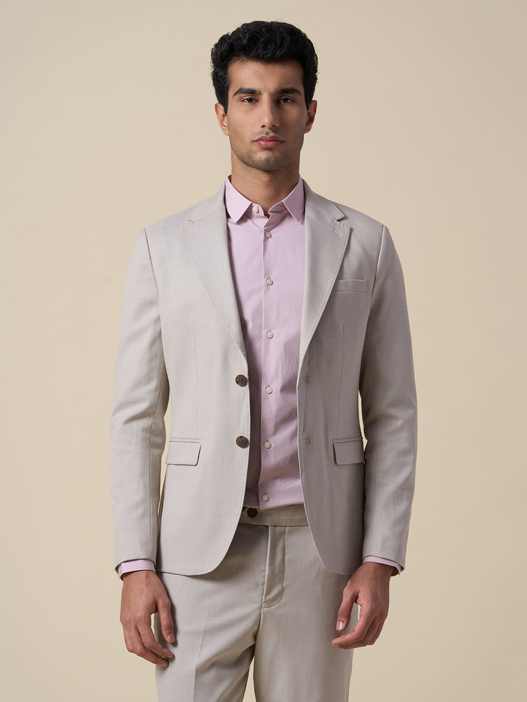 Beige Slim Fit Suit-Set Blazer