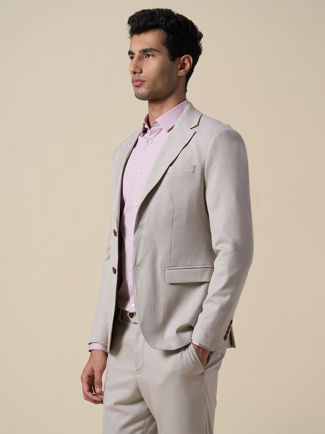 Beige Slim Fit Suit-Set Blazer