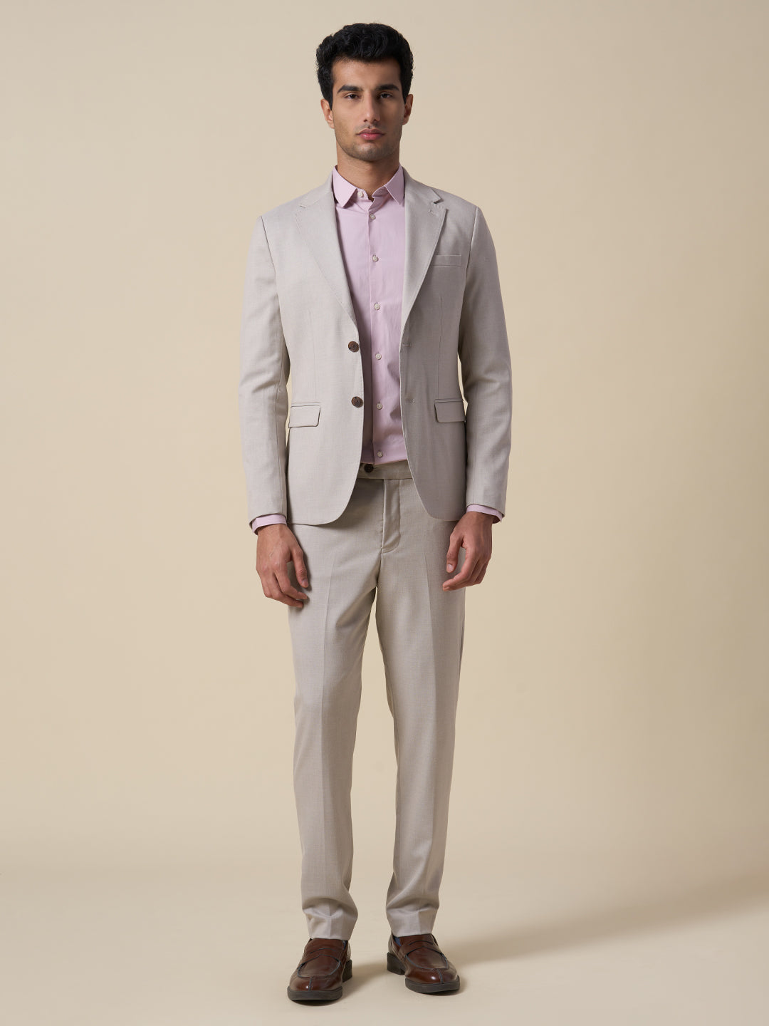 Beige Slim Fit Suit-Set Blazer