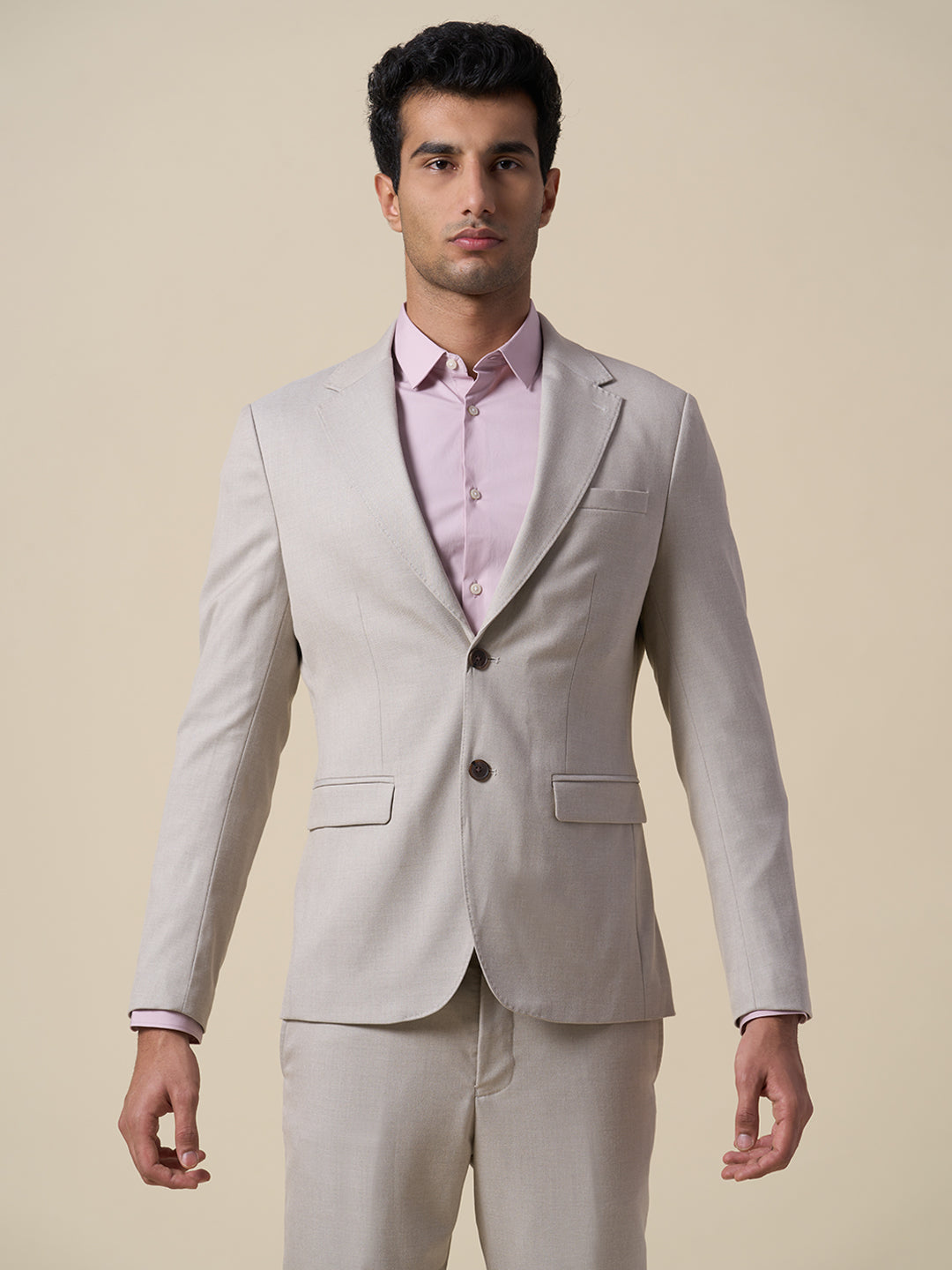 Beige Slim Fit Suit-Set Blazer