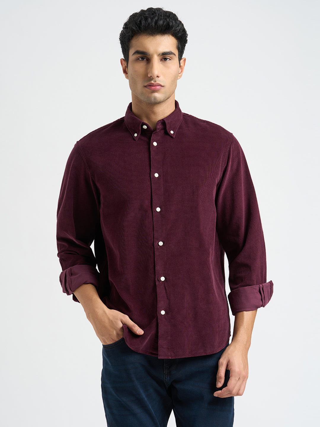 Button Down Collar Corduroy Shirt - Burgundy