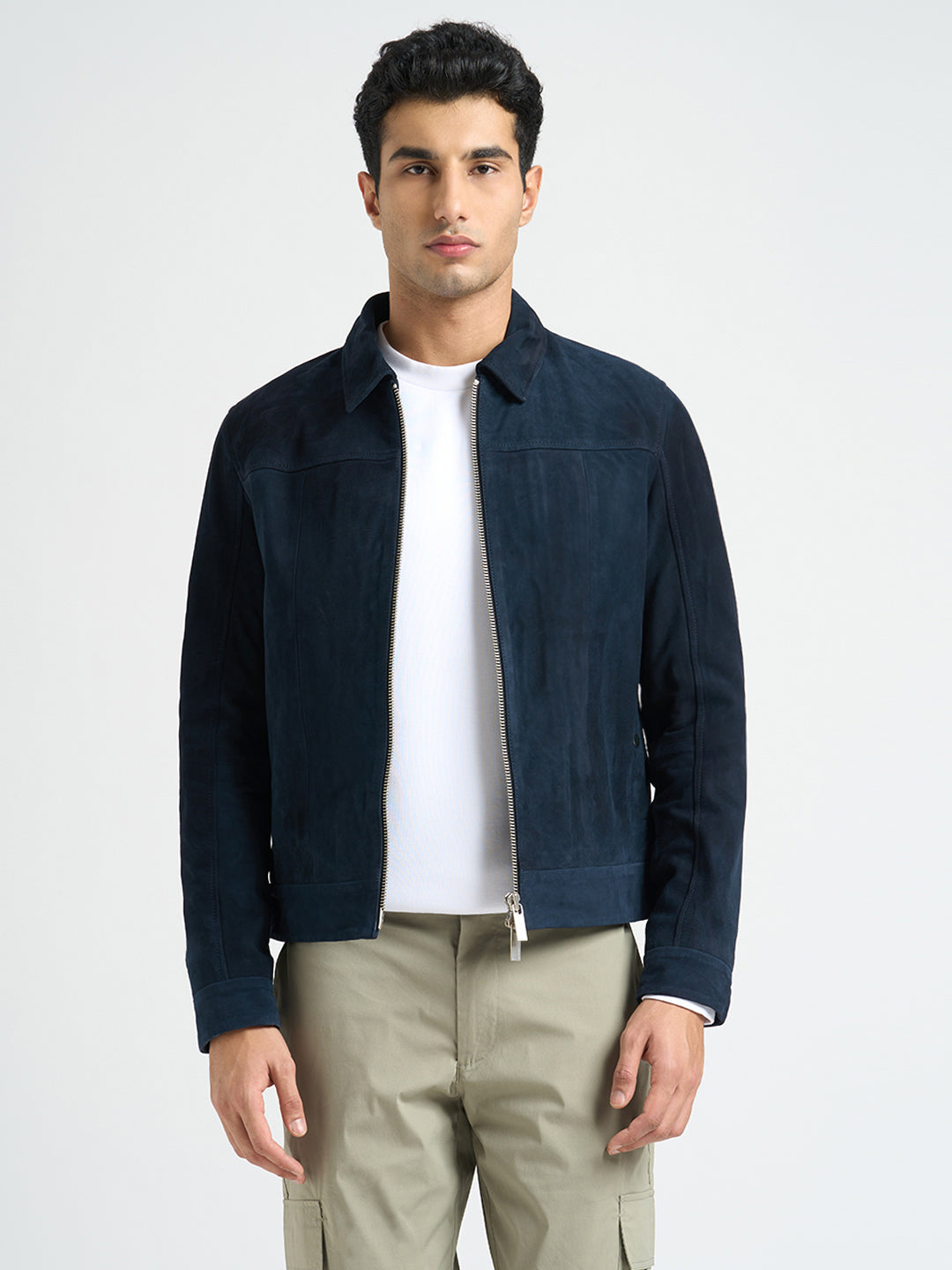 100% Suede Zip-Through Jacket - Blue