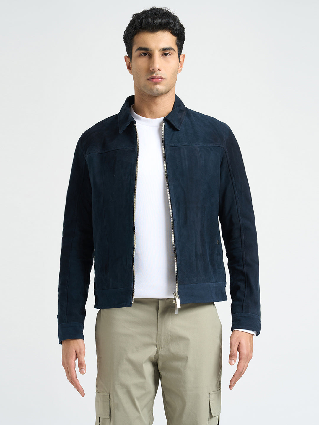 100% Suede Zip-Through Jacket - Blue