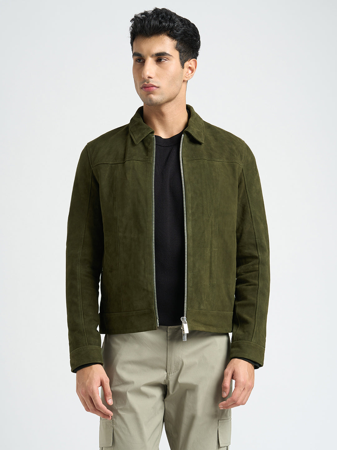 100% Suede Zip-Through Jacket - Green