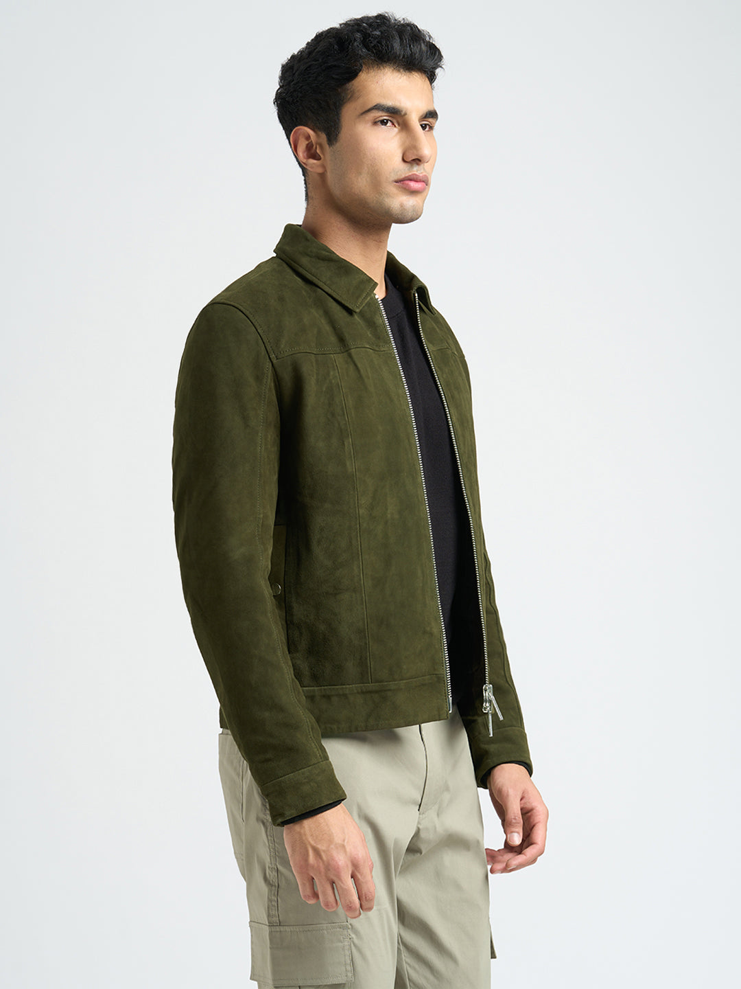 100% Suede Zip-Through Jacket - Green