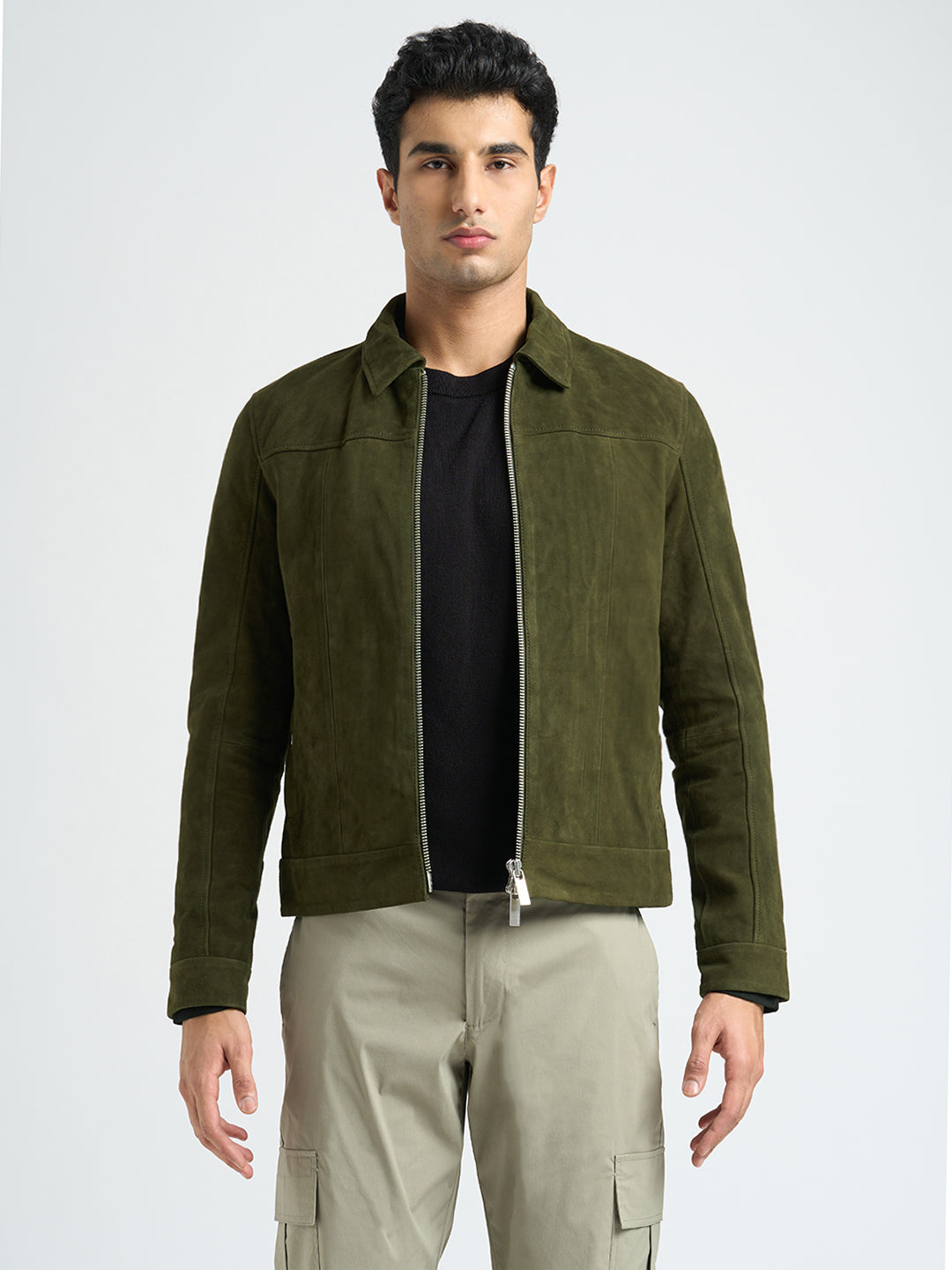 100% Suede Zip-Through Jacket - Green