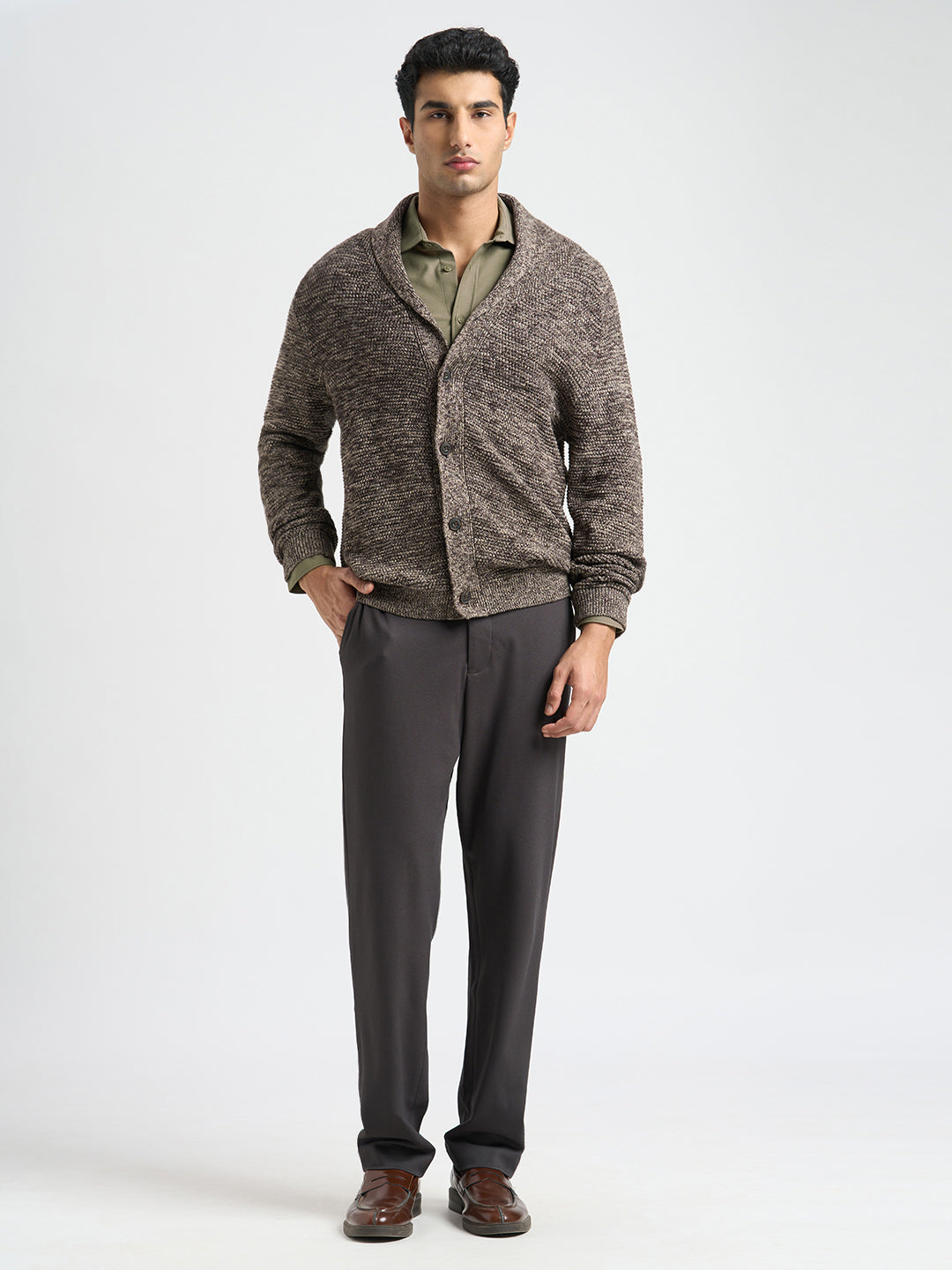 Knitted Full Sleeves Shirt - Brown