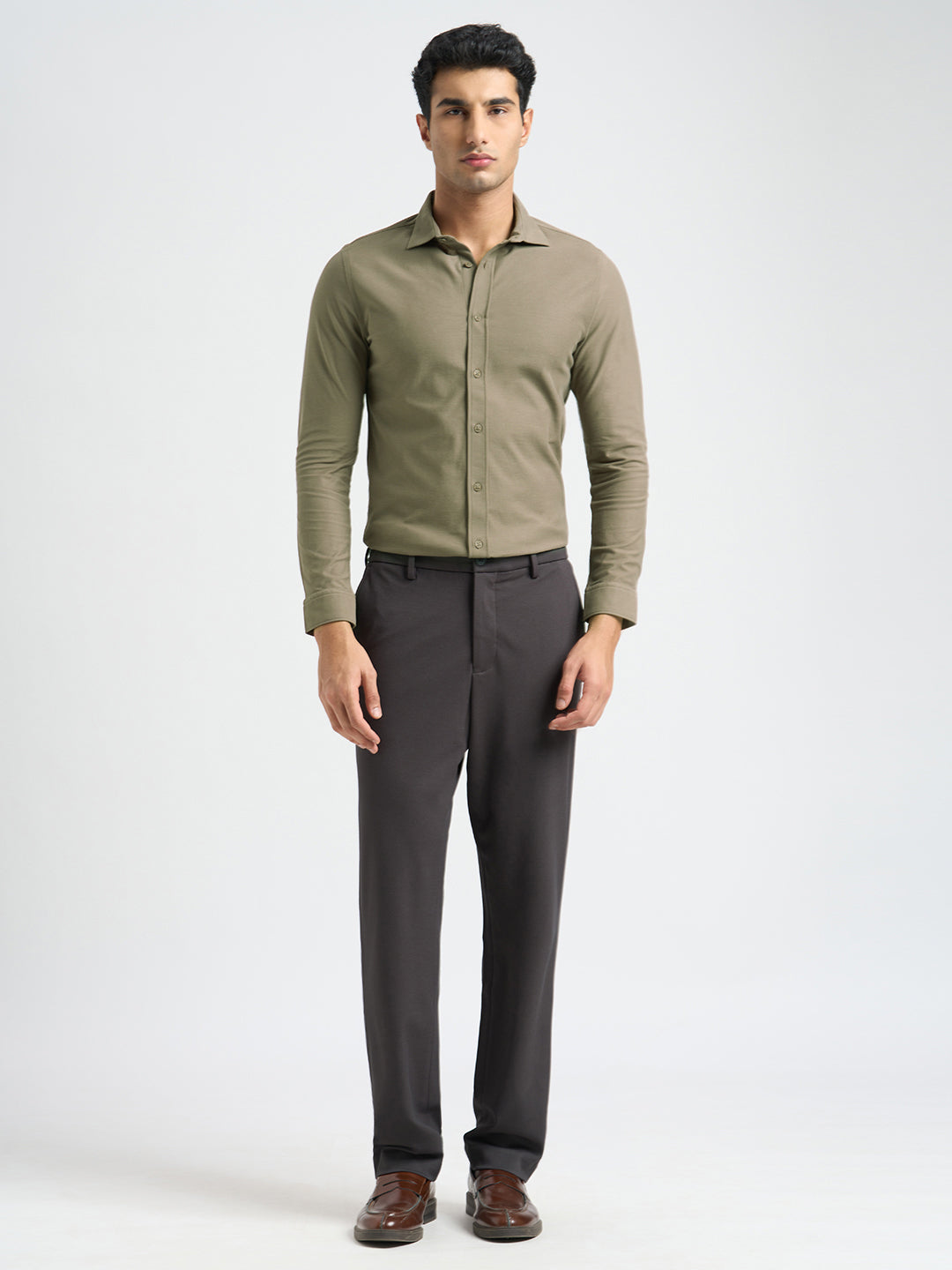 Knitted Full Sleeves Shirt - Brown