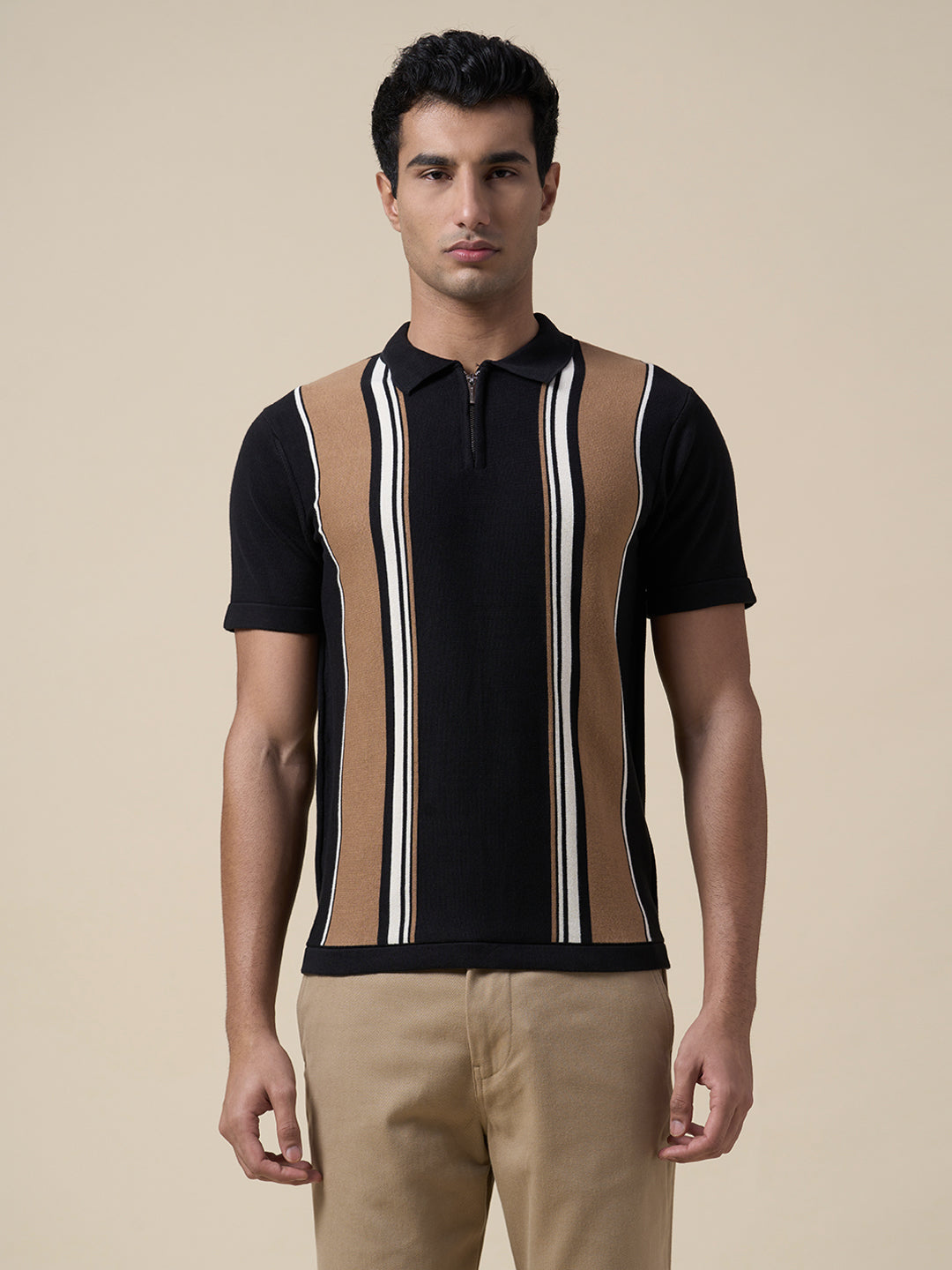 Cotton Colourblocked Zip Knit Polo