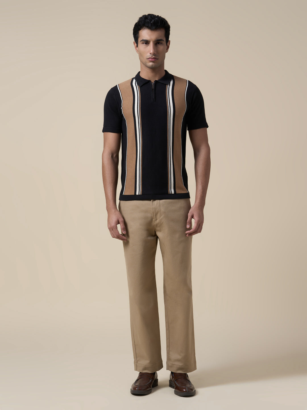 Cotton Colourblocked Zip Knit Polo