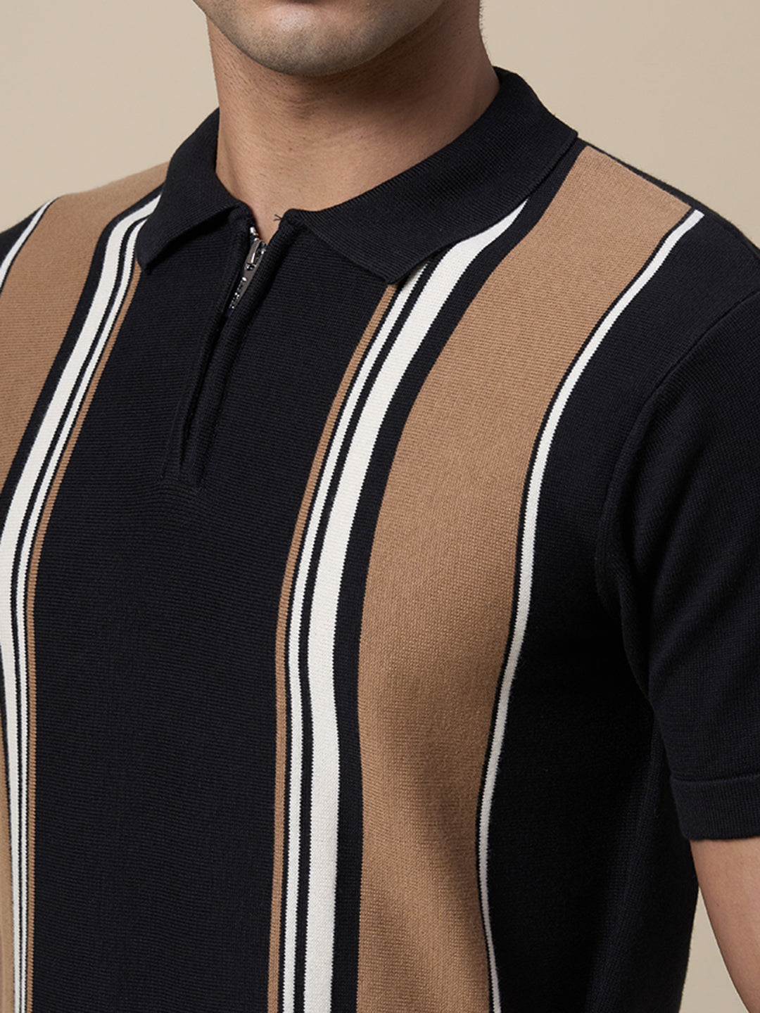 Cotton Colourblocked Zip Knit Polo
