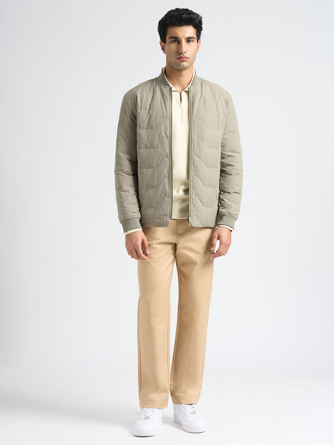 Cotton Blend Zipped Sweatshirt - Beige