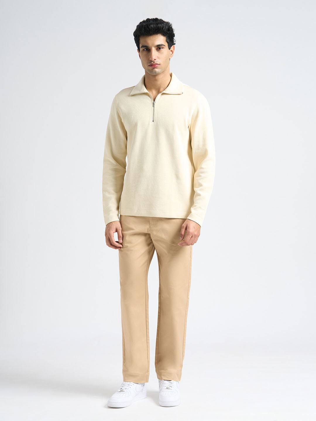 Cotton Blend Zipped Sweatshirt - Beige
