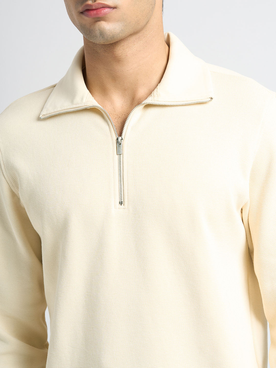 Cotton Blend Zipped Sweatshirt - Beige