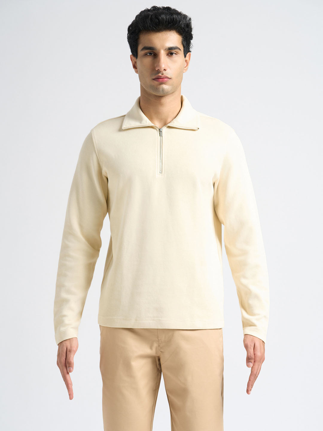 Cotton Blend Zipped Sweatshirt - Beige