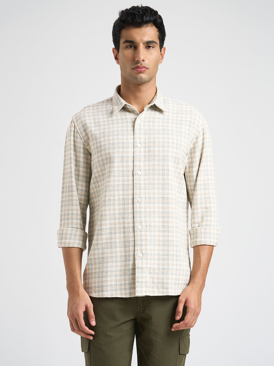 Ecru Cotton Check Shirt
