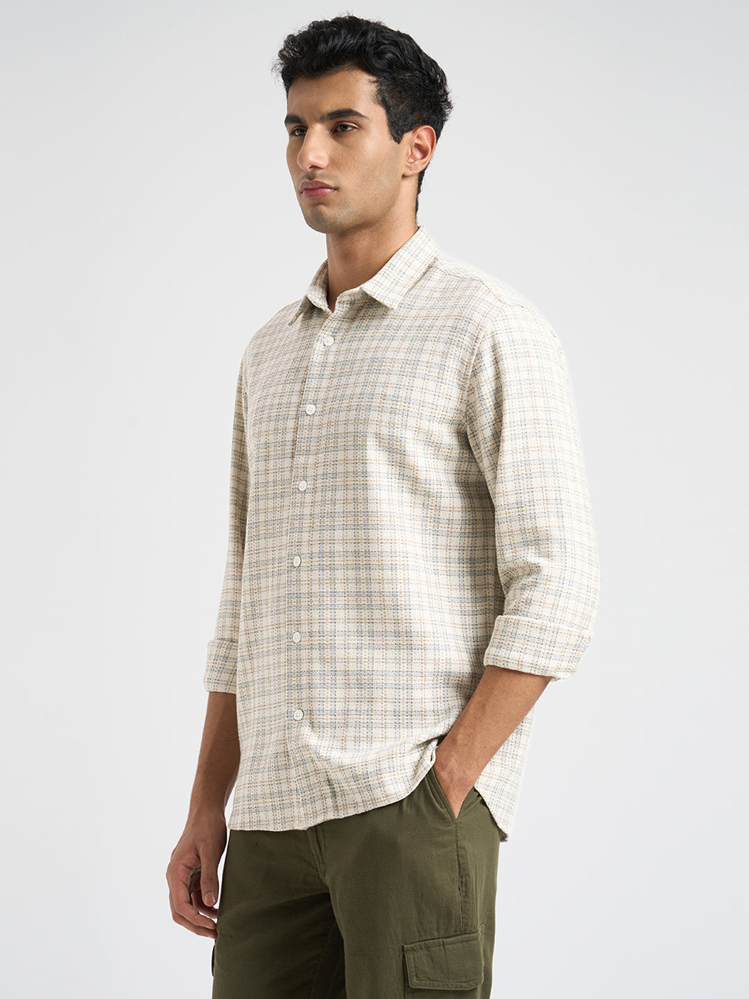 Ecru Cotton Check Shirt