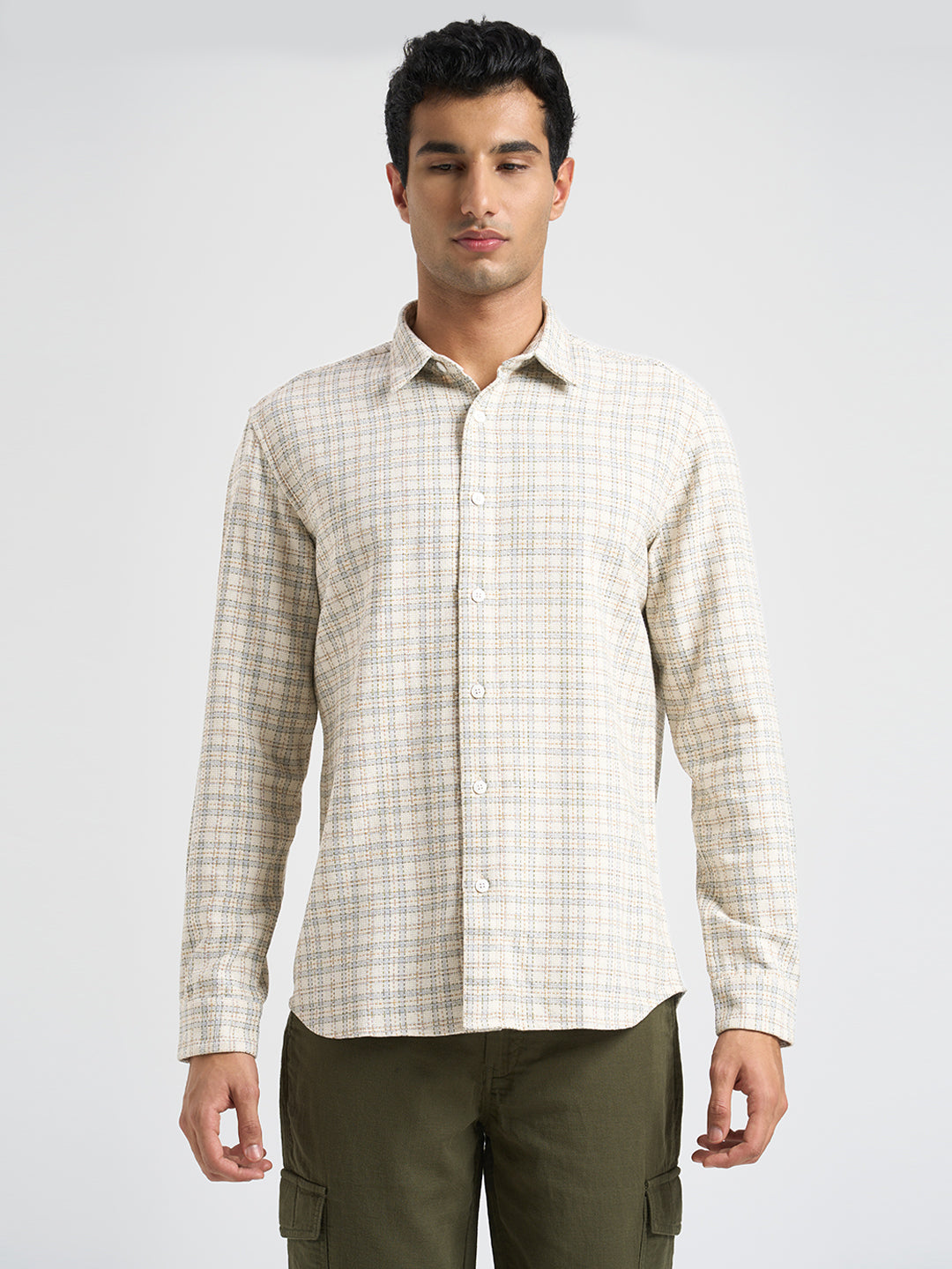 Ecru Cotton Check Shirt