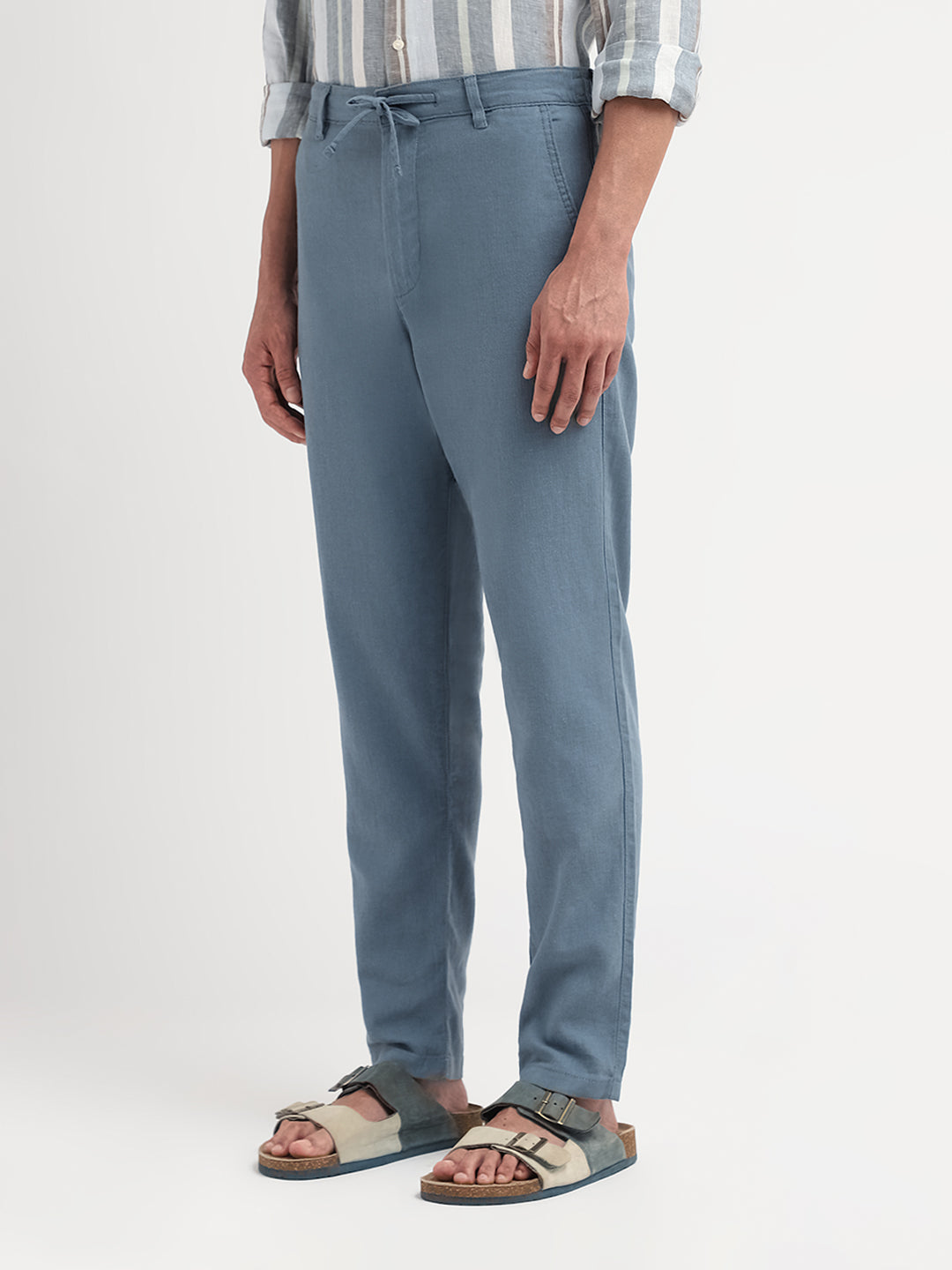 Light Blue Linen Blend Slim Fit Pants
