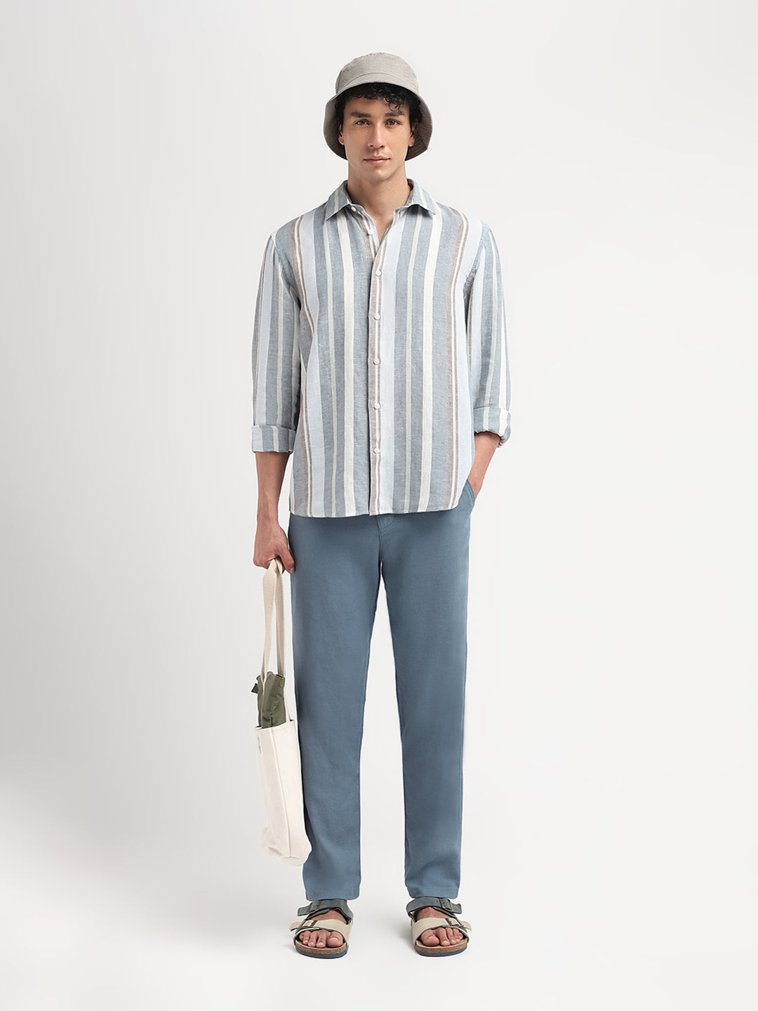 Light Blue Linen Blend Slim Fit Pants